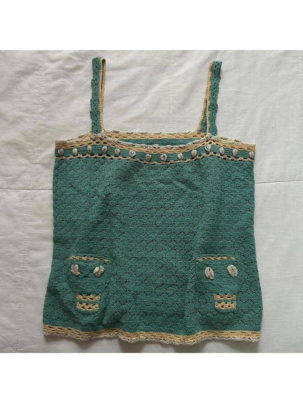 Tsumori Chisato Green crochet tank top with shell details